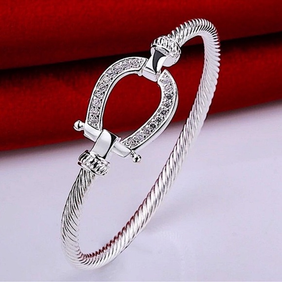 Horseshoe Sterling Silver Zircon Bangle Bracelet - Picture 7 of 8